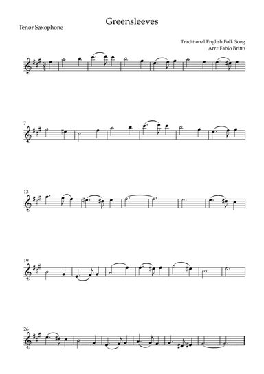 Greensleeves for Tenor Saxophone Solo (E Minor) (arr. Fabio Britto)