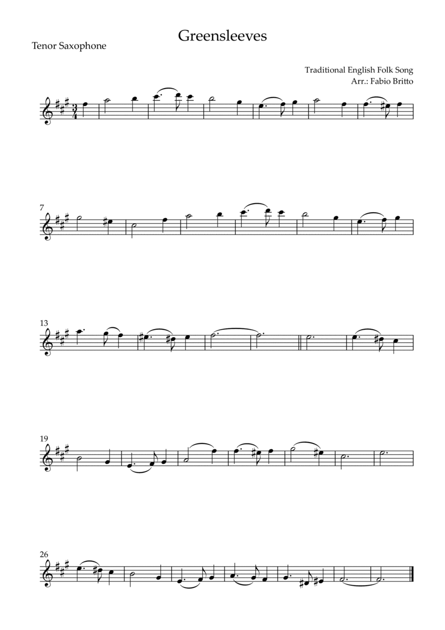 Greensleeves for Tenor Saxophone Solo (E Minor) (arr. Fabio Britto)