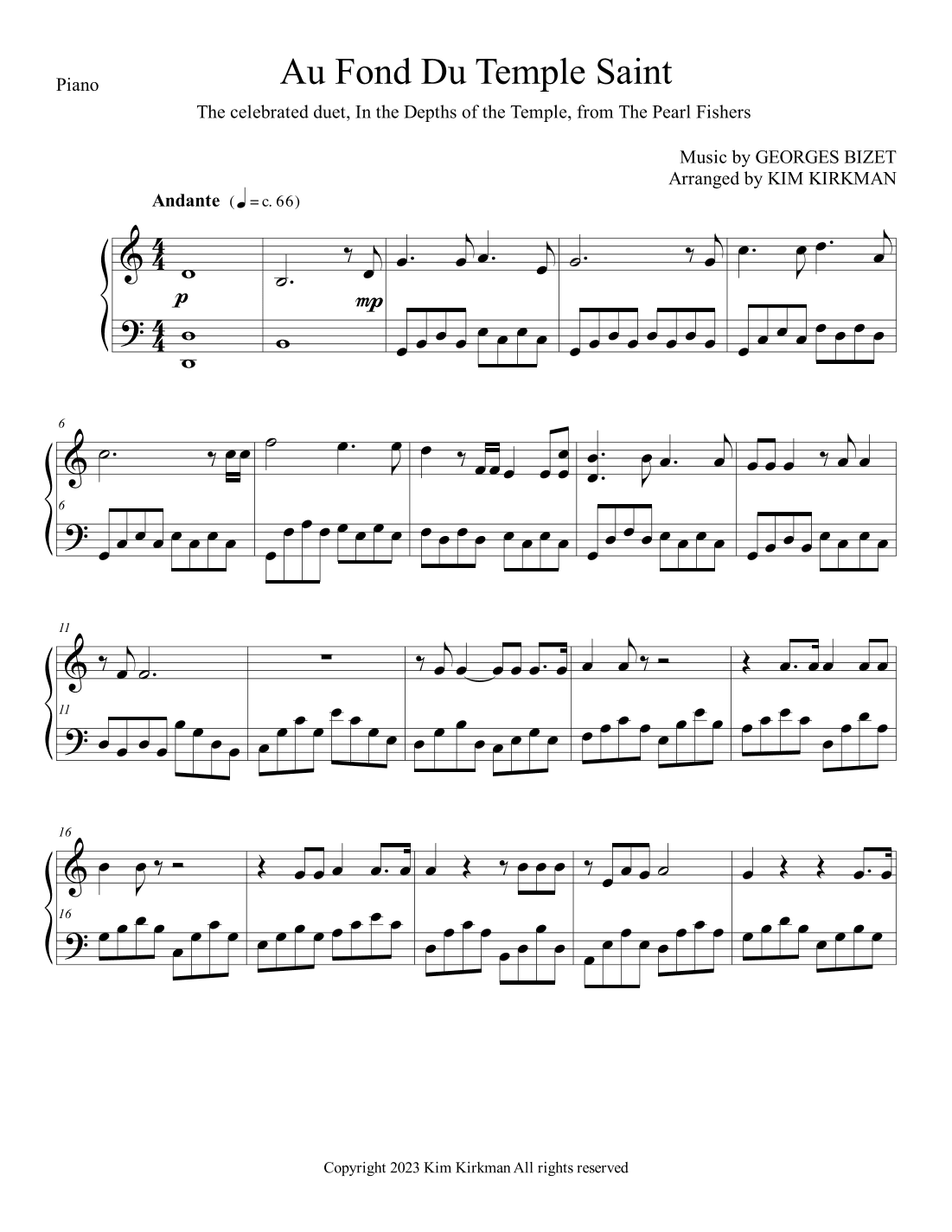 Au font du temple saint (The Peart Fishers Duet) for piano in C no black notes required! (arr. Kim Kirkman)