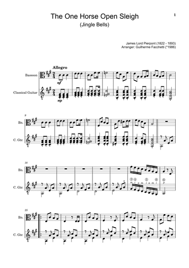 The One Horse Open Sleigh (Jingle Bells) - Arranged for Bassoon and Classical Guitar. With Parts (arr. Guilherme Facchetti)
