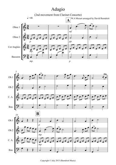 Adagio from Mozart's Clarinet Concerto for Double Reed Quartet (arr. David Burndrett)