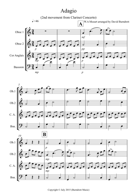 Adagio from Mozart's Clarinet Concerto for Double Reed Quartet (arr. David Burndrett)