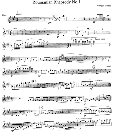 Enescu 1901 Op 11 No 1 Romanian Rhapsody in A for Woodwind Quintet with optional Piano & String Bass (arr. R G Roth)