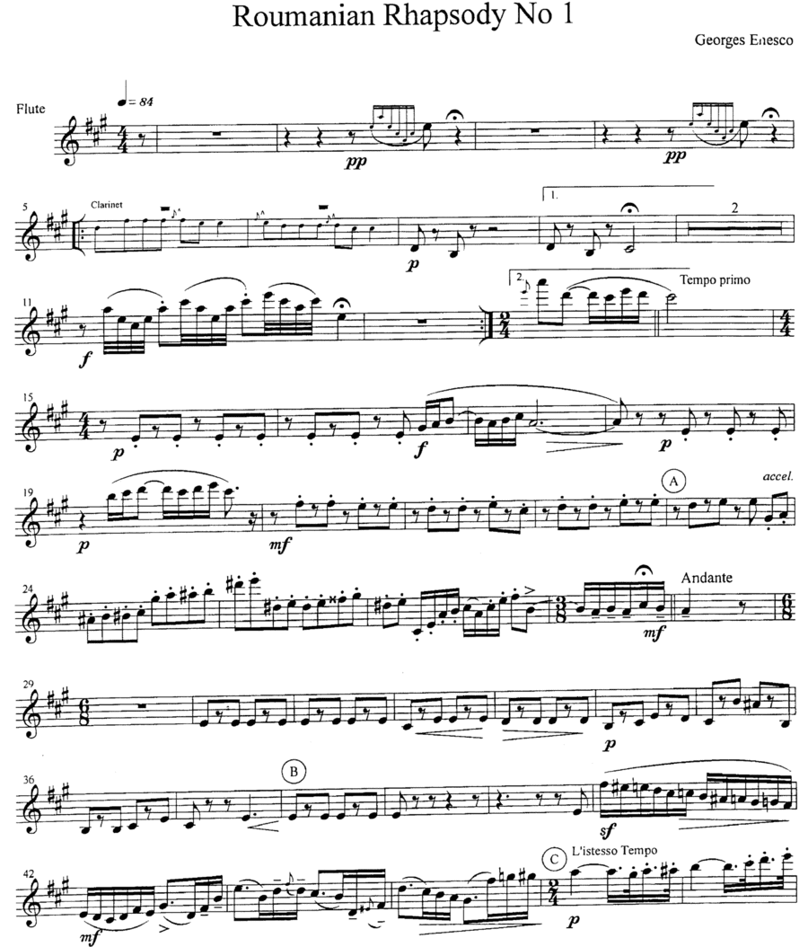 Enescu 1901 Op 11 No 1 Romanian Rhapsody in A for Woodwind Quintet with optional Piano & String Bass (arr. R G Roth)