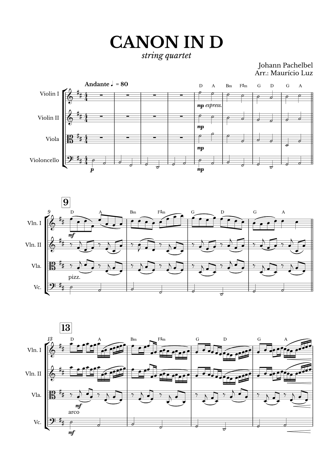 Canon in D for String Quartet with chords (arr. Maurício Luz)