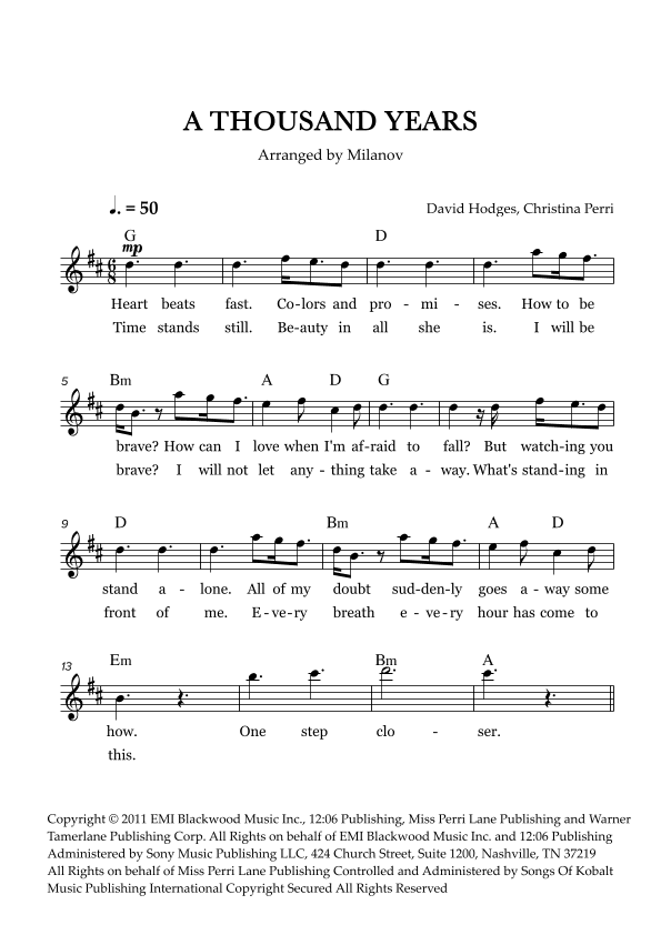 A Thousand Years (arr. Milanov)