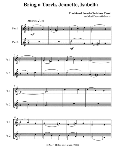 Bring a Torch, Jeanette, Isabella: for recorder duet or two part (arr. Meri Dolevski)