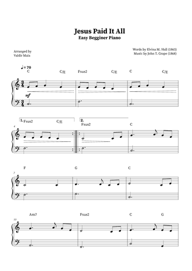 Jesus Paid It All - Easy Beginner Piano (+Chords) (arr. Valdir Maia)