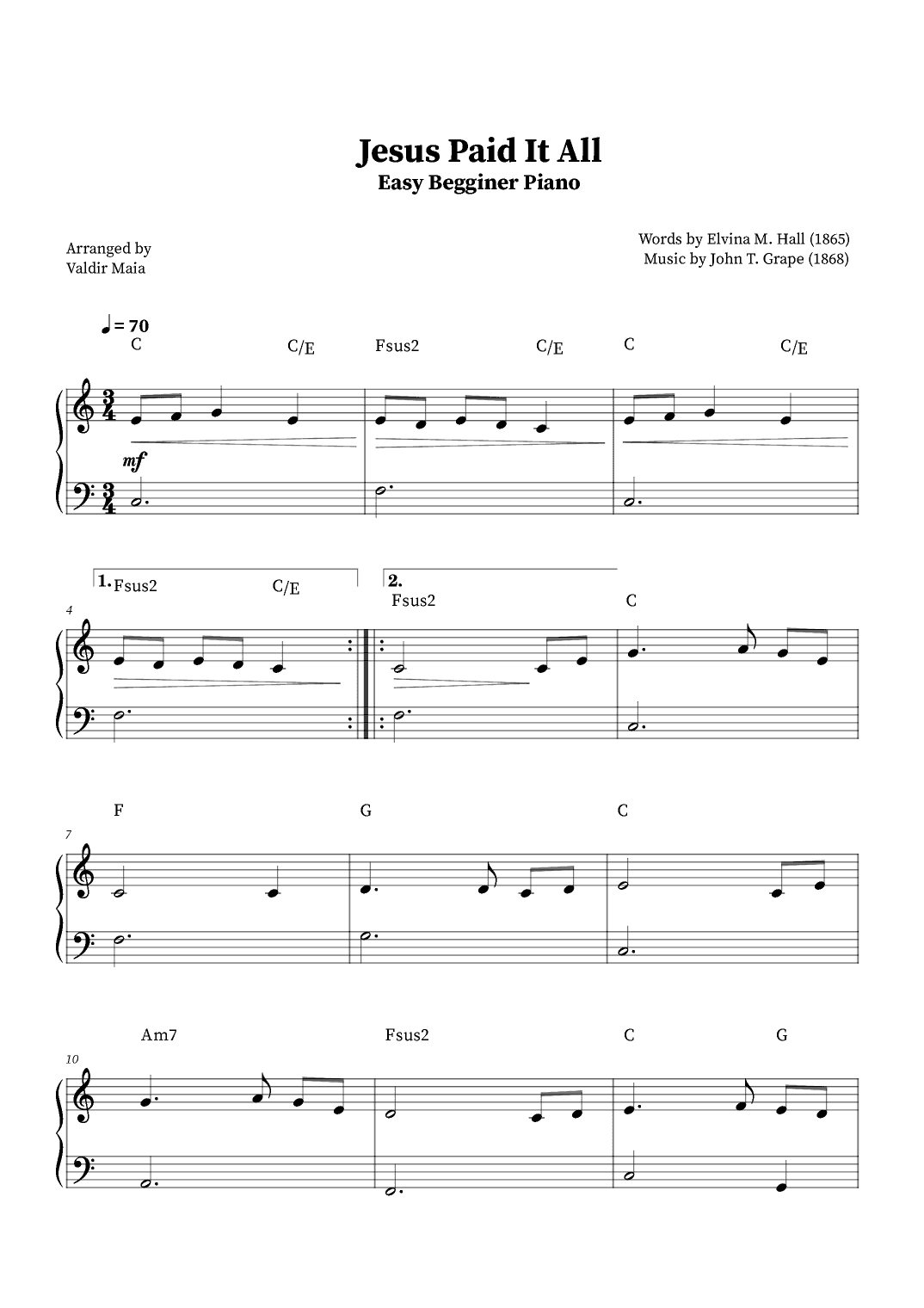Jesus Paid It All - Easy Beginner Piano (+Chords) (arr. Valdir Maia)
