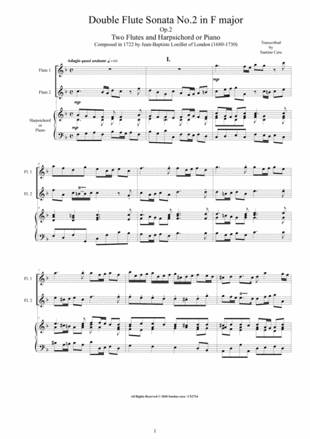 Loeillet - Double Flute Sonata No.2 in F major Op.2 for Two Flutes and Harpsichord or Piano (arr. Santino Cara)