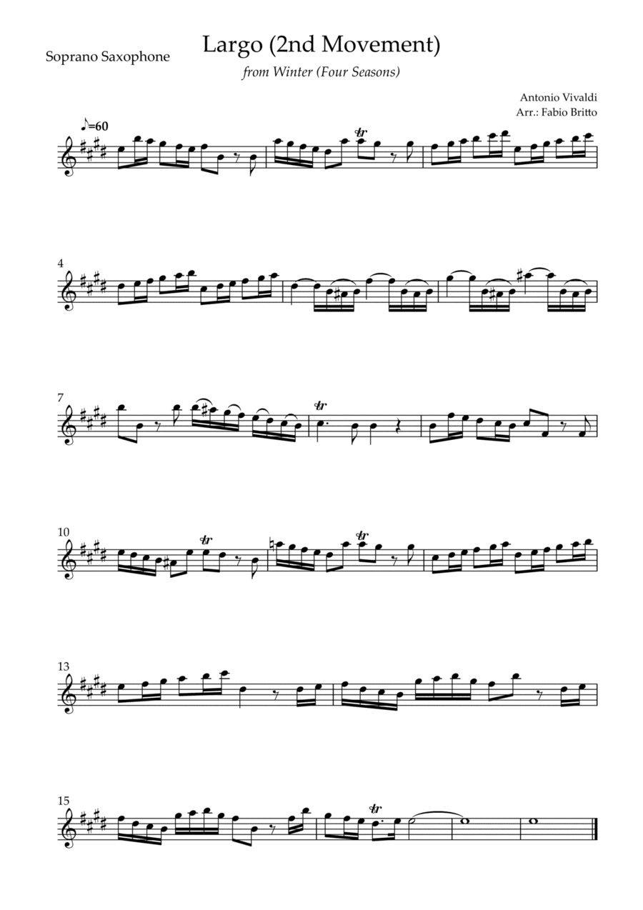 Largo from Winter (Antonio Vivaldi) for Soprano Saxophone Solo (arr. Fabio Britto)