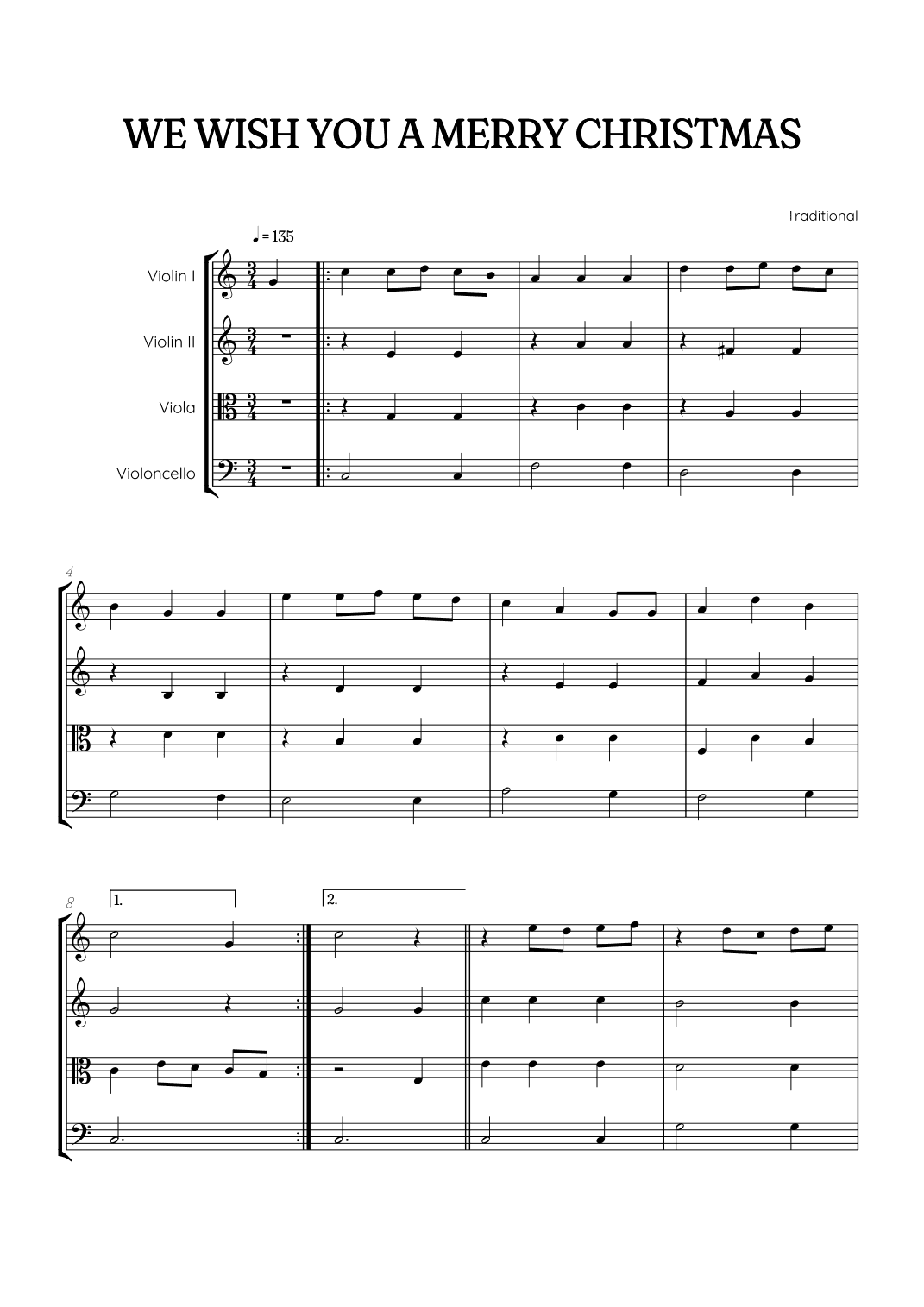 We Wish You a Merry Christmas for String Quartet • easy Christmas sheet music (arr. Benzaiten Editions)