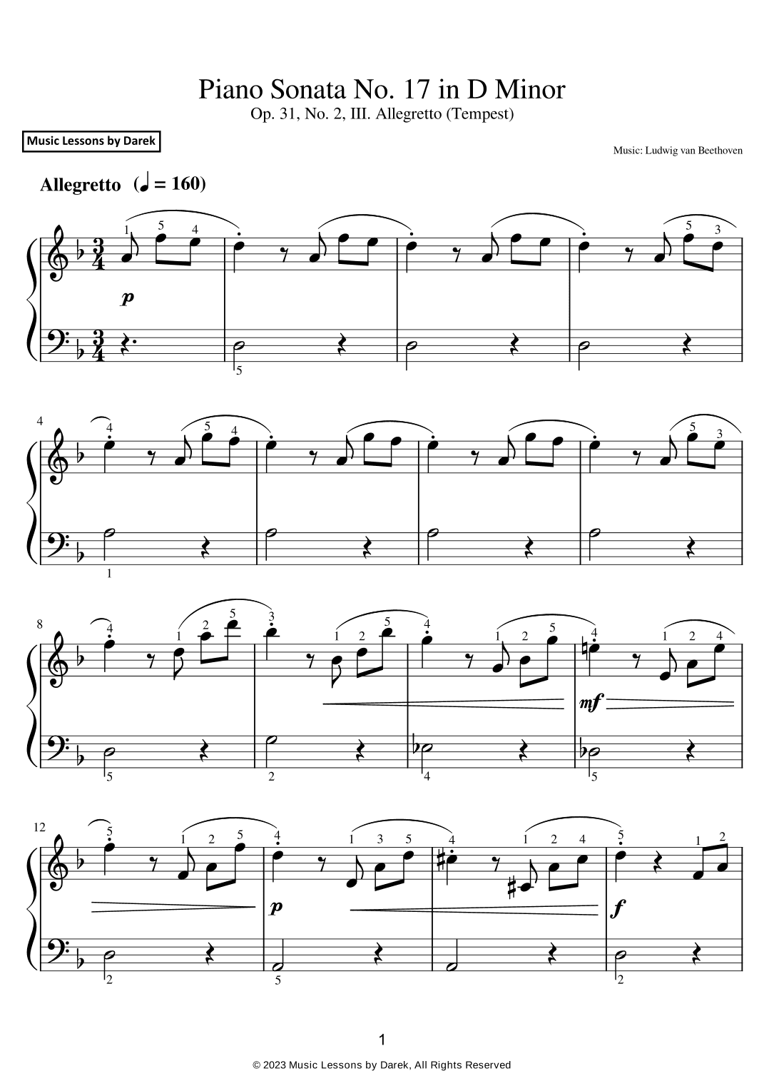 Piano Sonata No. 17 in D Minor (EASY PIANO) Op. 31, No. 2, III. Allegretto (Tempest) (arr. Darek)