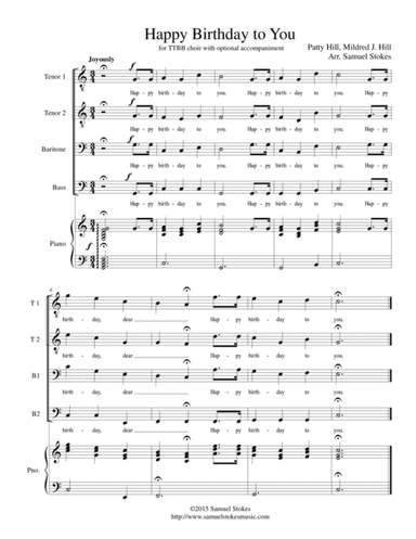 Happy Birthday to You - for TTBB choir with optional accompaniment (arr. Samuel Stokes)