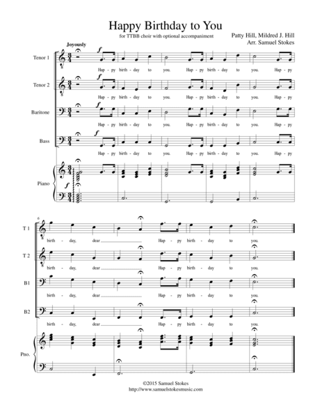 Happy Birthday to You - for TTBB choir with optional accompaniment (arr. Samuel Stokes)