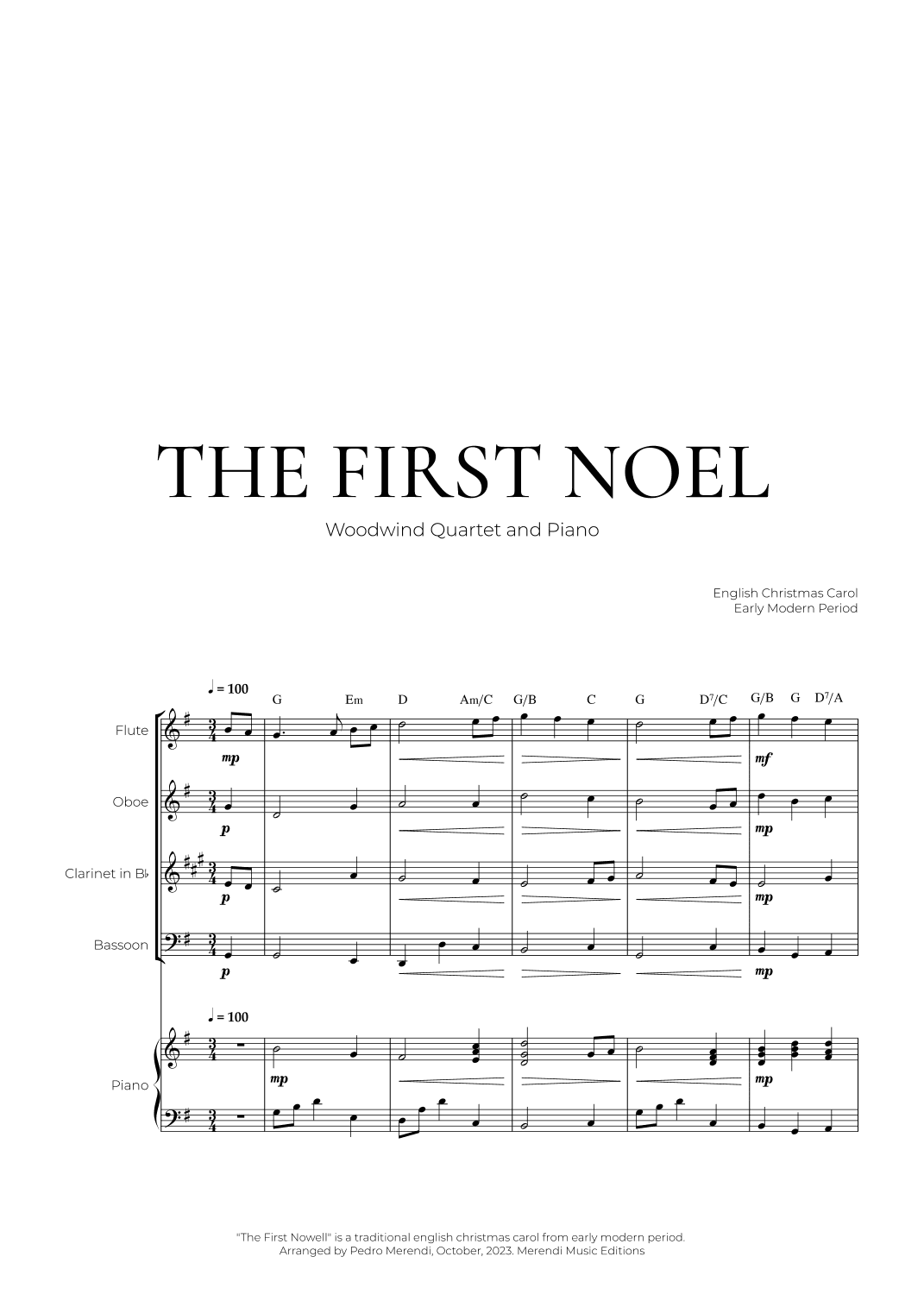 The First Noel (Woodwind Quartet and Piano) - Christmas Carol (arr. Pedro Merendi)