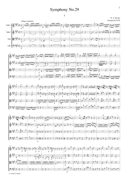 Mozart  Symphony No.29, all mvts., for string quartet, CM012 (arr. FCMUSIC)