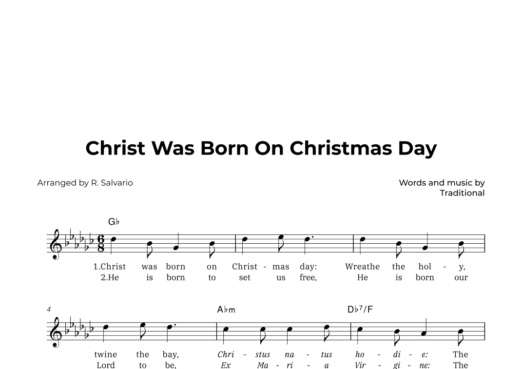 Christ Was Born On Christmas Day (Key of G-Flat Major) (arr. R. Salvario)