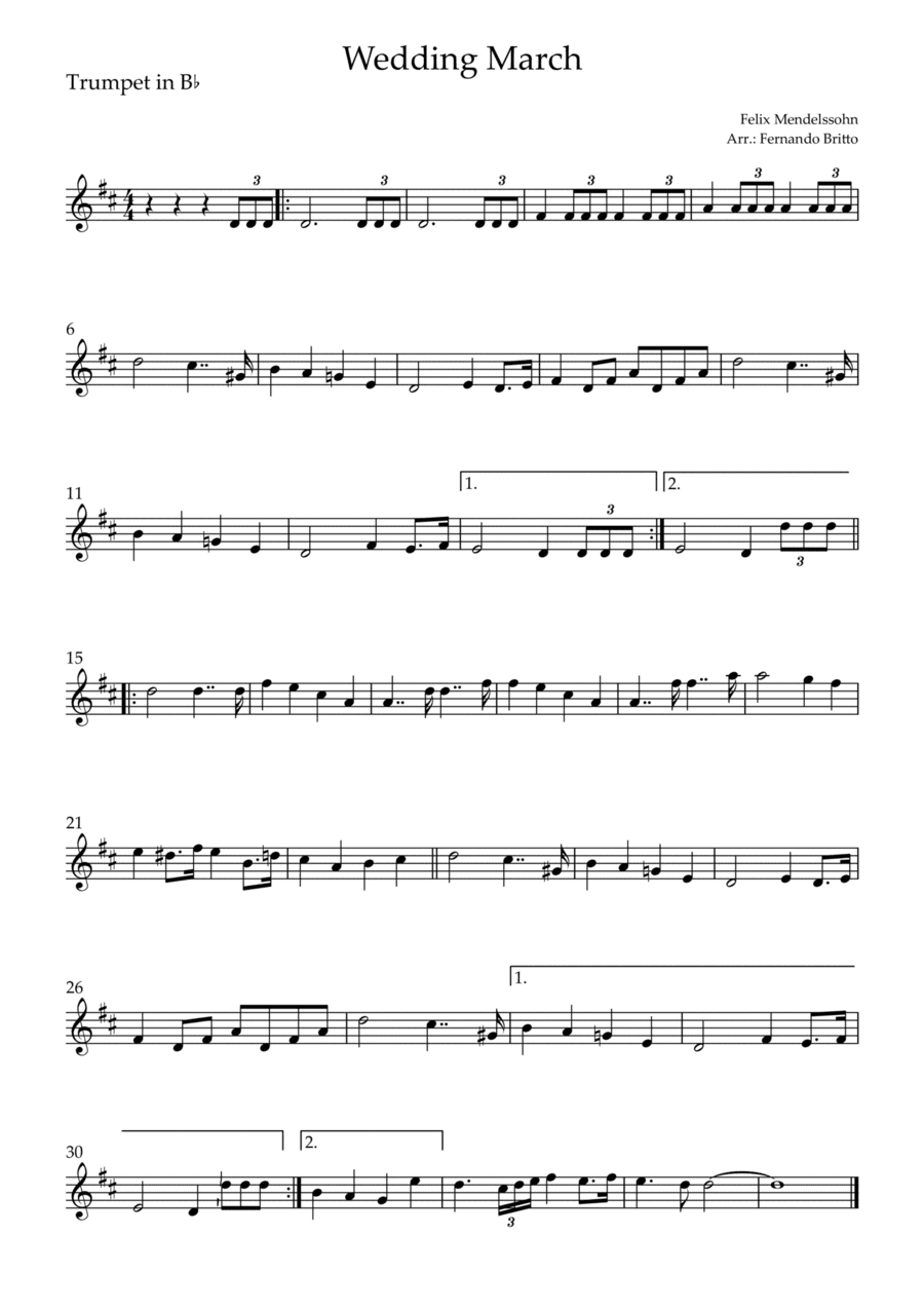 Wedding March (Felix Mendelssohn) for Trumpet in Bb Solo (arr. Fernando Britto)