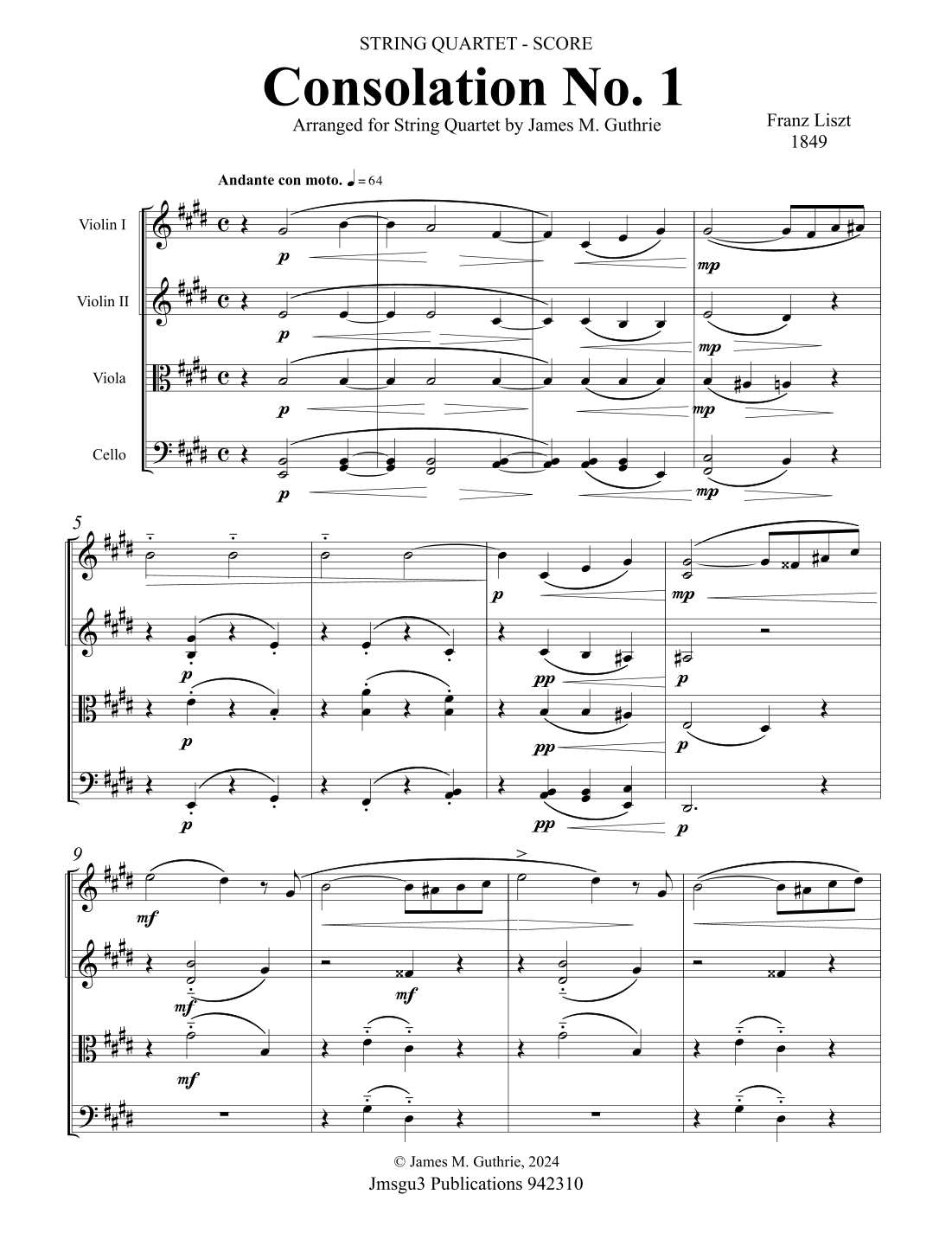 Liszt: Consolation No. 1 for String Quartet (arr. James M. Guthrie)