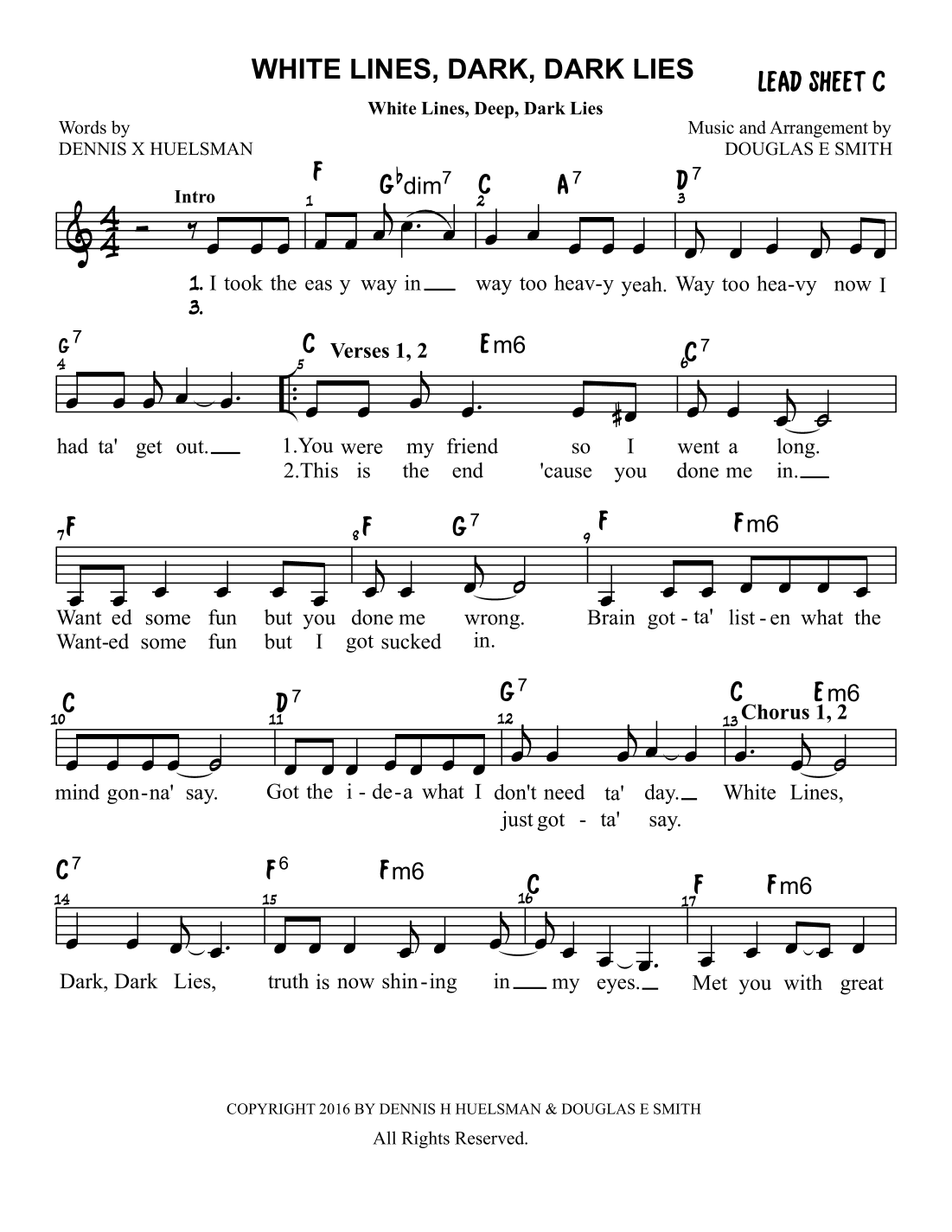 White Lines, Dark, Dark Lies (LEAD SHEET)  C