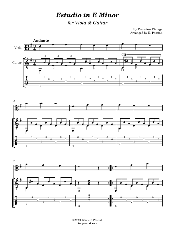 Estudio in E Minor (for Viola and Guitar) (arr. Kenneth Pasciak)