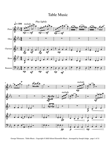 Table Music by Telemann for Woodwind Quintet in Schools (arr. Joseph Judge)