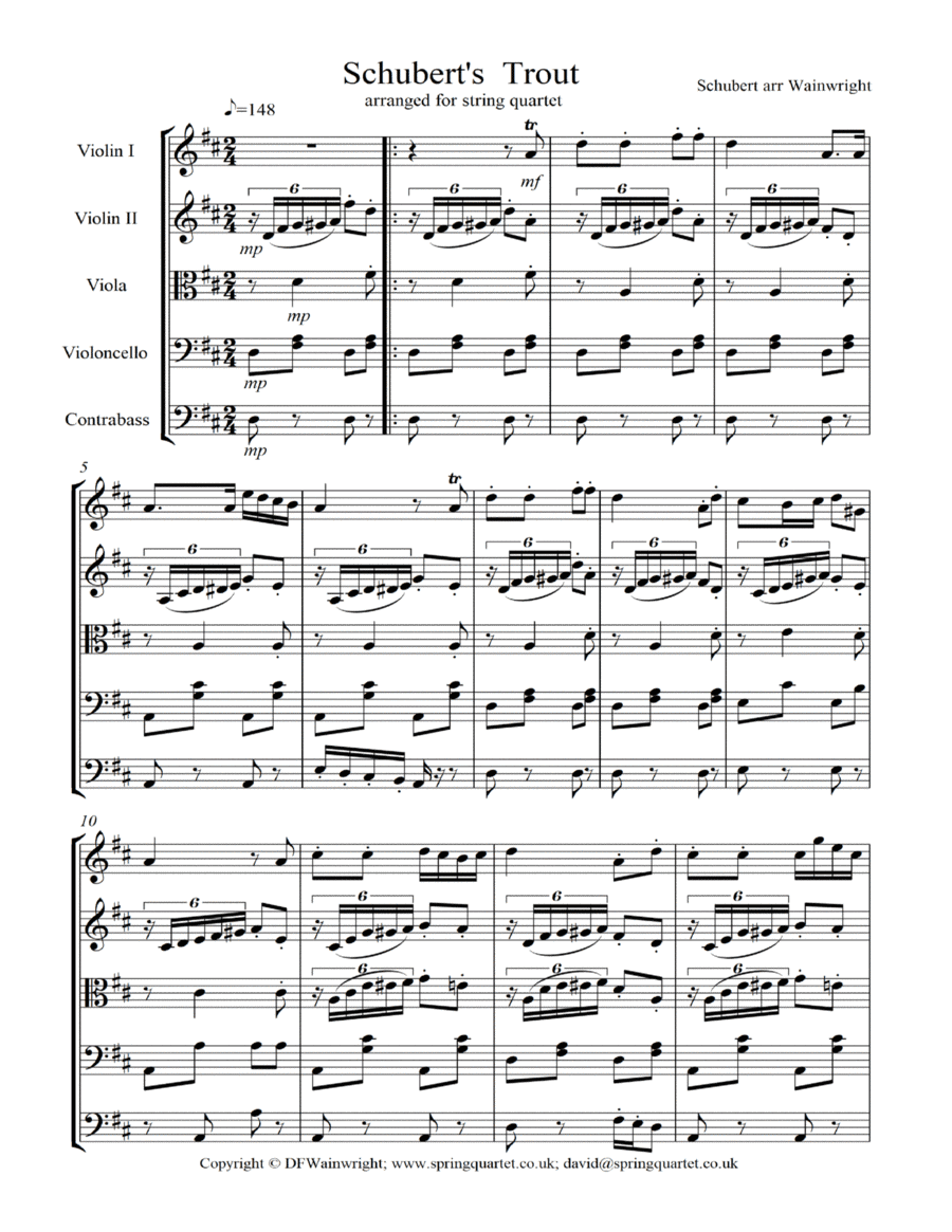 Schubert's leider The Trout arranged for String Quartet with optional Bass (arr. David F Wainwright)