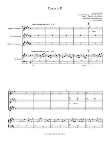 Canon in D (Pachelbel) (D) (Saxophone Trio - 1 Sop, 1 Alto, 1 Bari), Keyboard) (arr. Regis Bookshar)