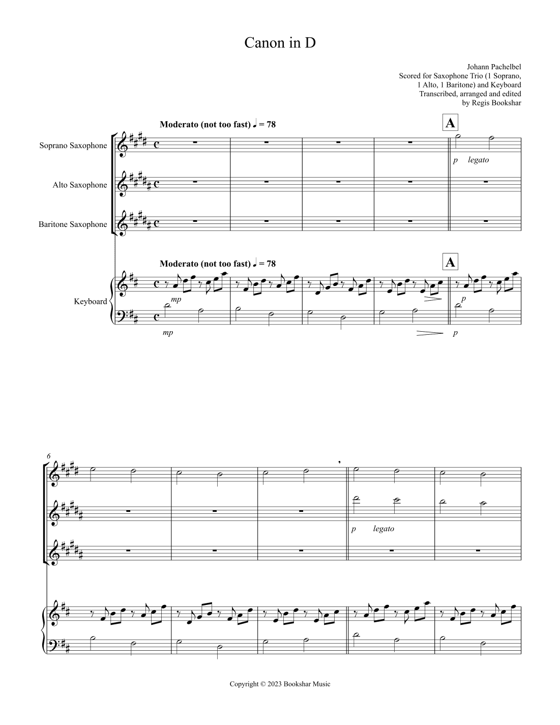 Canon in D (Pachelbel) (D) (Saxophone Trio - 1 Sop, 1 Alto, 1 Bari), Keyboard) (arr. Regis Bookshar)