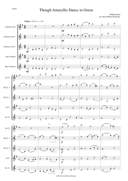 Though Amaryllis Dance in Green for clarinet quintet (E flat, 2xB flats, Alto and 1 Bass) (arr. David Warin Solomons)