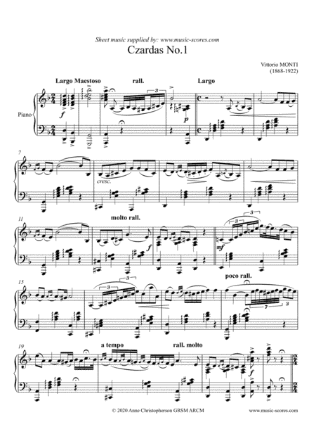 Czardas No. 1 - Monti - Piano (arr. Anne Christopherson GRSM ARCM)