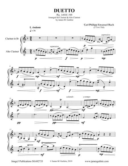 CPE Bach: Duetto Wq. 140 for Clarinet & Alto Clarinet (arr. James M. Guthrie, ASCAP)