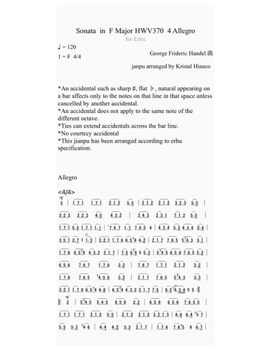 Sonata in F Major HWV 370 4 Allegro for Erhu (arr. Kristal Hinaco)