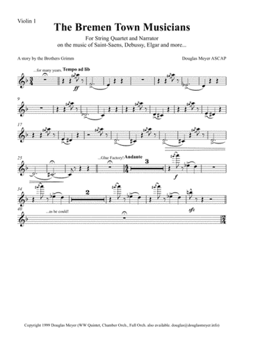 The Bremen Town Musicians for String Quartet and Narrator (parts & narration)