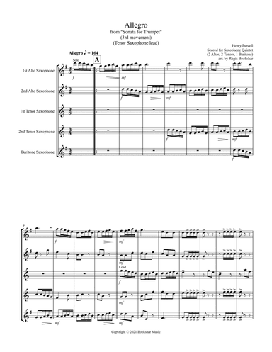 Allegro (from "Sonata for Trumpet") (Bb) (Saxophone Quintet - 2 Alto, 2 Tenor, 1 Bari) (Tenor lead) (arr. Regis Bookshar)