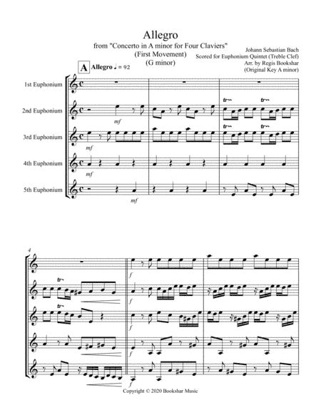 Allegro (from "Concerto for Four Claviers") (G min) (Euphonium Quintet - Treble Clef) (arr. Regis Bookshar)