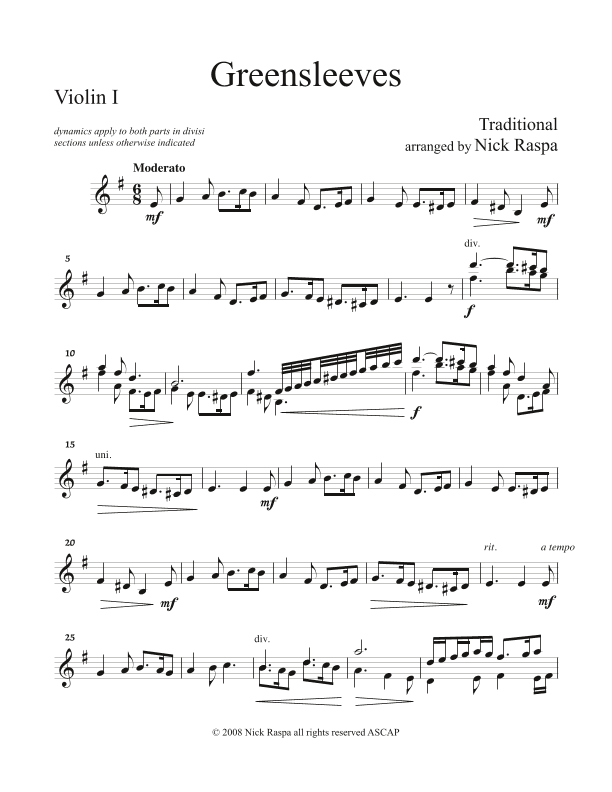 Greensleeves (variations for String Orchestra) Violin I part (arr. Nick Raspa)