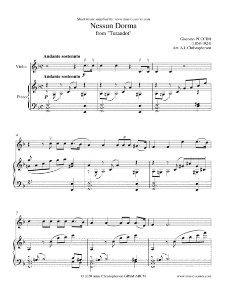 Nessun Dorma - Violin and Piano (arr. Anne Christopherson GRSM ARCM)
