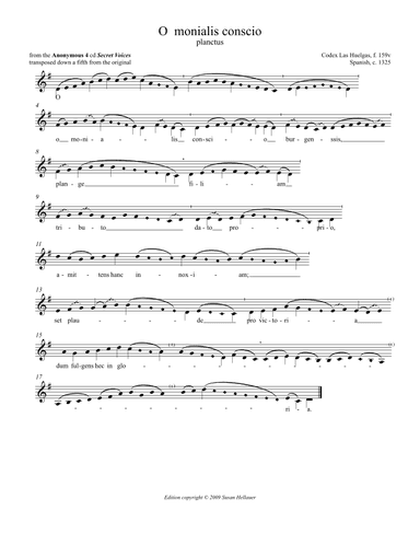 Lament: O monialis conscio (plainchant), from Anonymous 4's "Secret Voices" - Score Only (arr. Susan Hellauer)