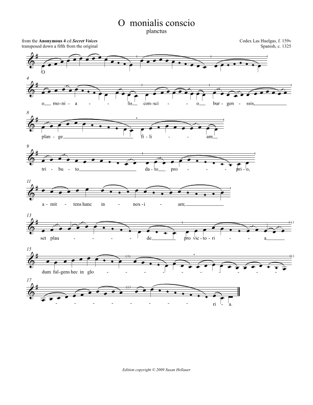 Lament: O monialis conscio (plainchant), from Anonymous 4's "Secret Voices" - Score Only (arr. Susan Hellauer)