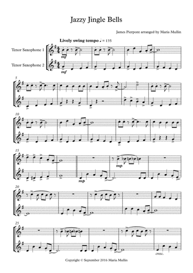 Jazzy Jingle Bells Tenor Saxophone Duet (arr. Maria Mullin)