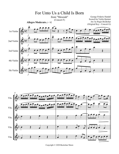 For Unto Us a Child is Born (from "Messiah") (F) (Violin Quintet) (arr. Regis Bookshar)
