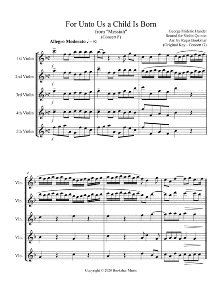 For Unto Us a Child is Born (from "Messiah") (F) (Violin Quintet) (arr. Regis Bookshar)