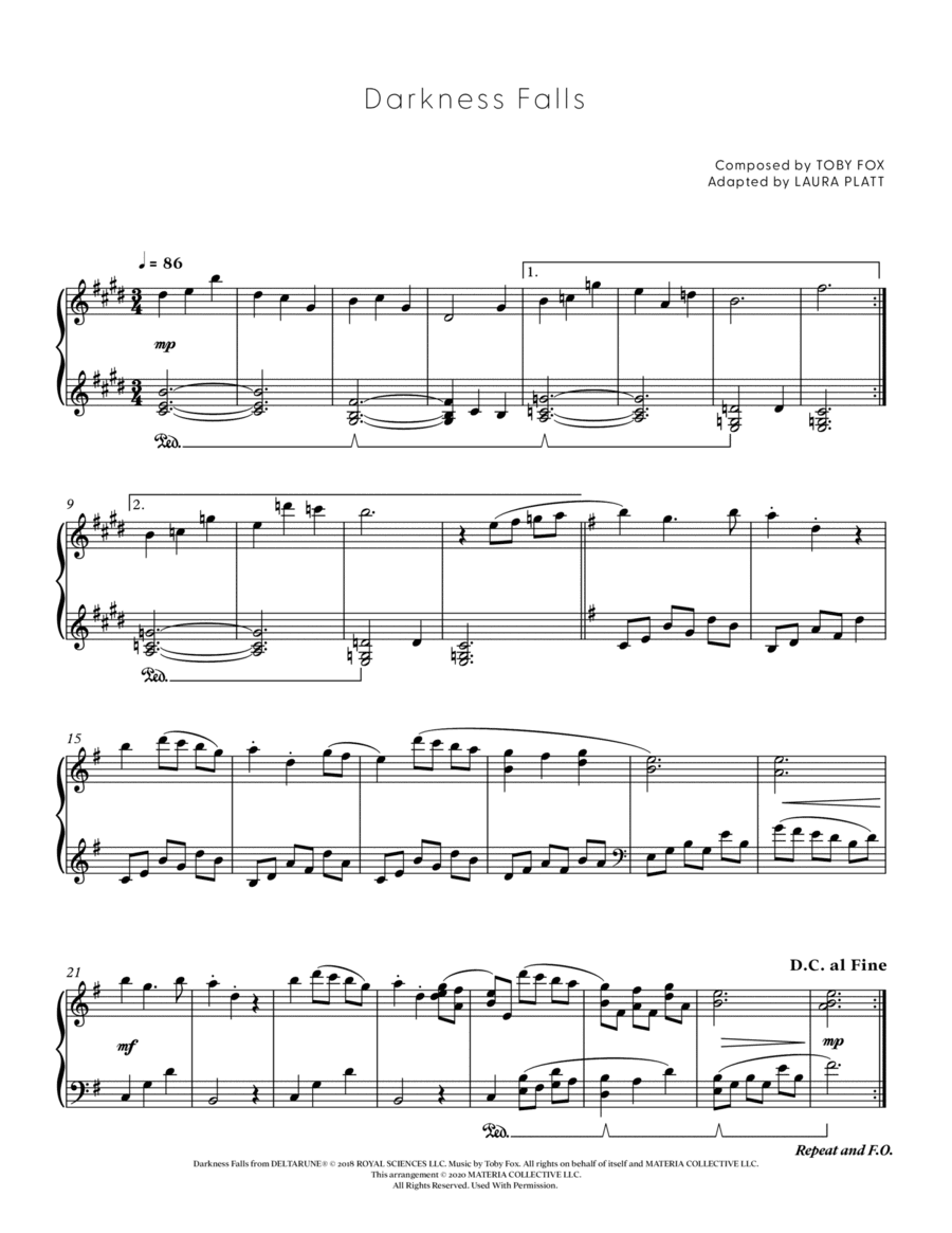 Darkness Falls (DELTARUNE - Piano Sheet Music)