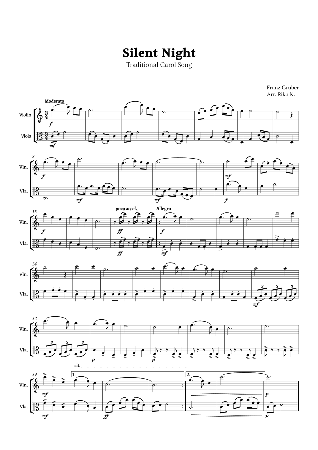 Silent Night for Violin and Viola Duet (arr. Rika K.)