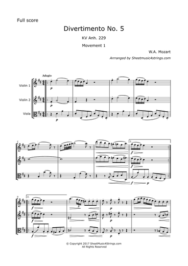 Mozart, W.A. - Divertimento No. 5, KV. 229 for 2 Violins and Viola (arr. SheetMusic4Strings)