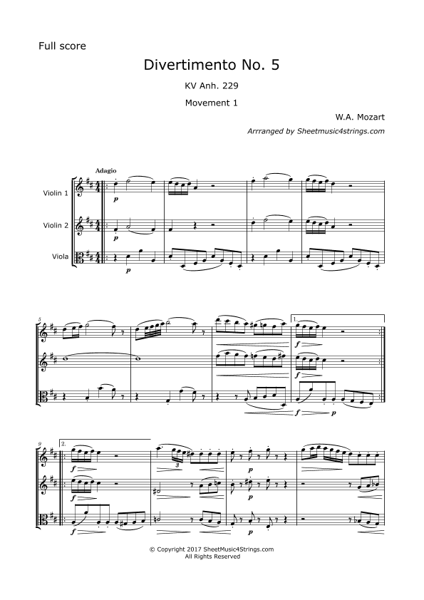 Mozart, W.A. - Divertimento No. 5, KV. 229 for 2 Violins and Viola (arr. SheetMusic4Strings)