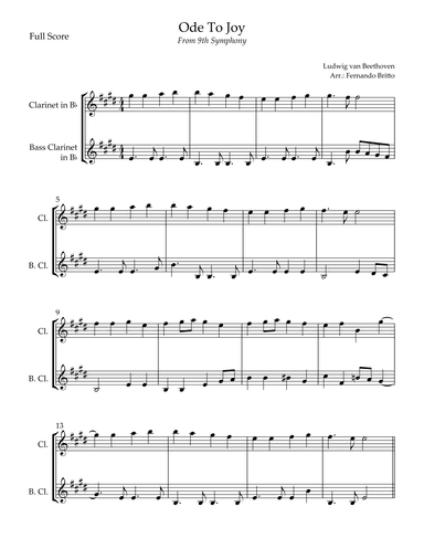 Ode To Joy (from Beethoven's 9th Symphony) for Clarinet in Bb & Bass Clarinet in Bb Duo (arr. Fernando Britto)
