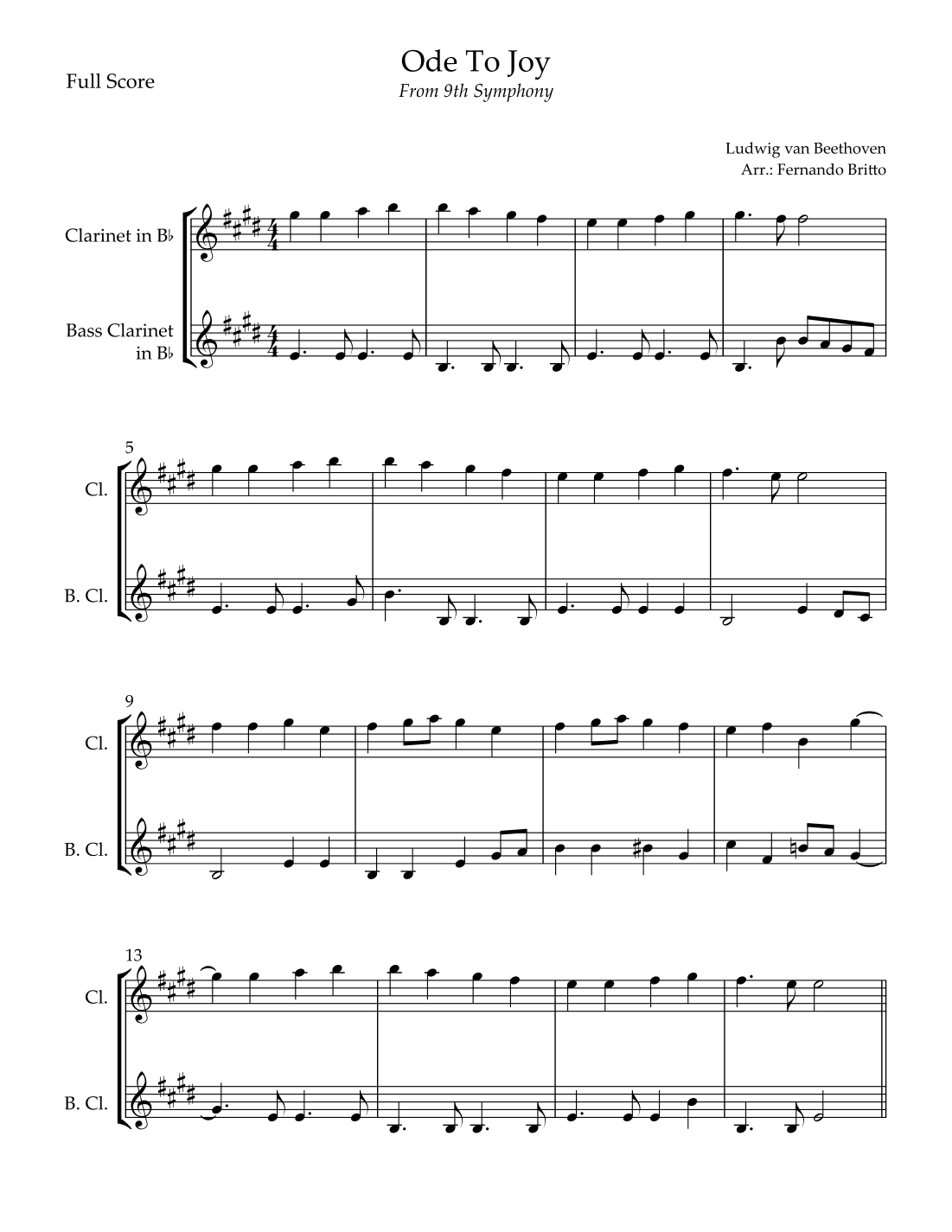 Ode To Joy (from Beethoven's 9th Symphony) for Clarinet in Bb & Bass Clarinet in Bb Duo (arr. Fernando Britto)